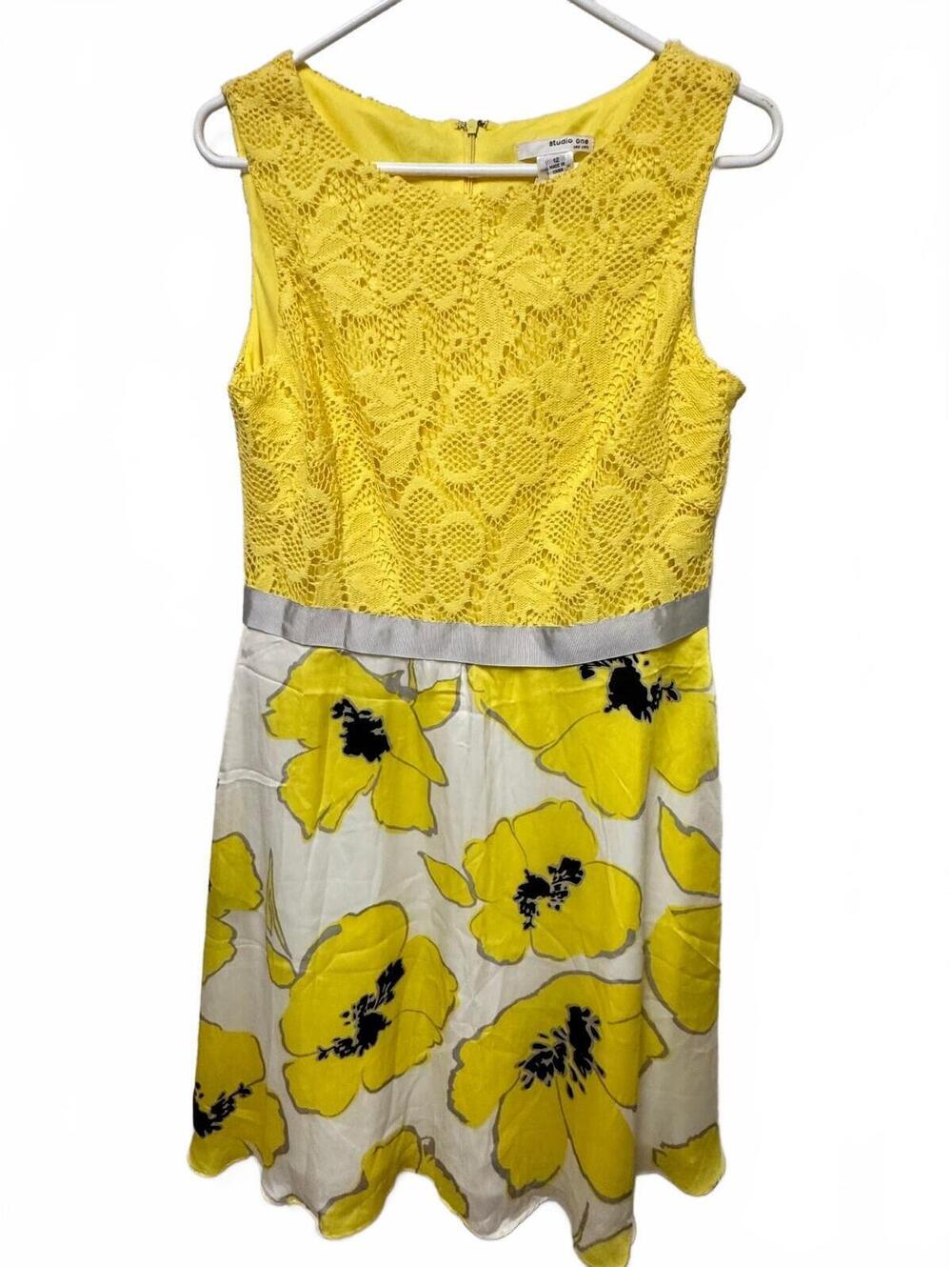Studio One New York Yellow Lace & Floral Silk-Blend Scalloped Fit & Flare Dress